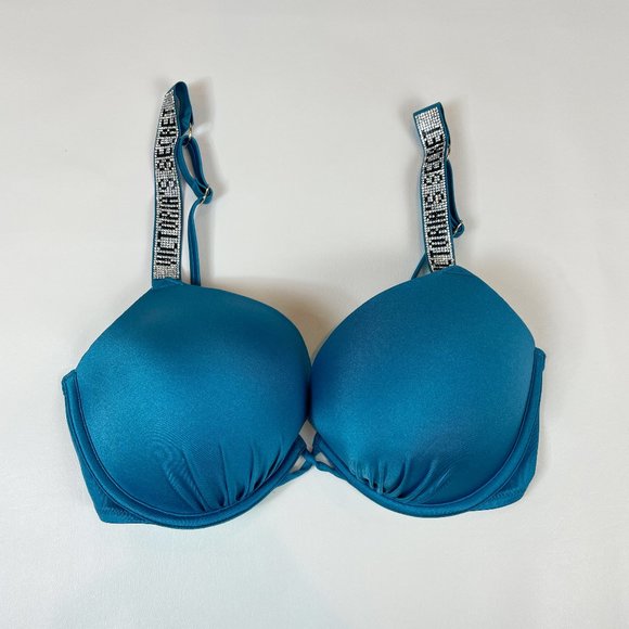 NWOT Victoria's Secret Swim Top 34DD Bombshell Adds 2 Cup Sizes Blue Bling - Picture 1 of 8